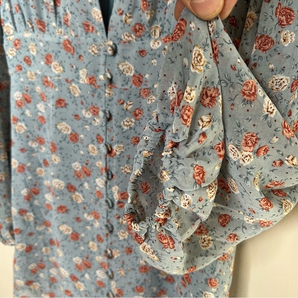 Nasty Gal Let's Grow Dancin' Floral Mini Dress Chiffon Puff Sleeve Blue Size 8 - Picture 4 of 10